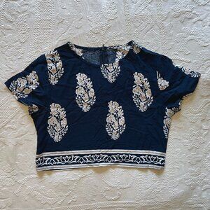 Navy Block Print Crop Top